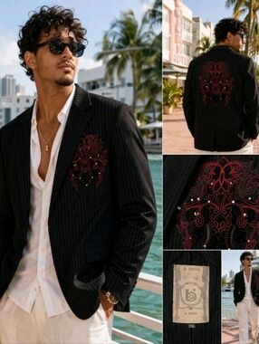 B.Bennett Men's Black Pinstripe with Red Accent Blazer Casual & Stylish Size XXL